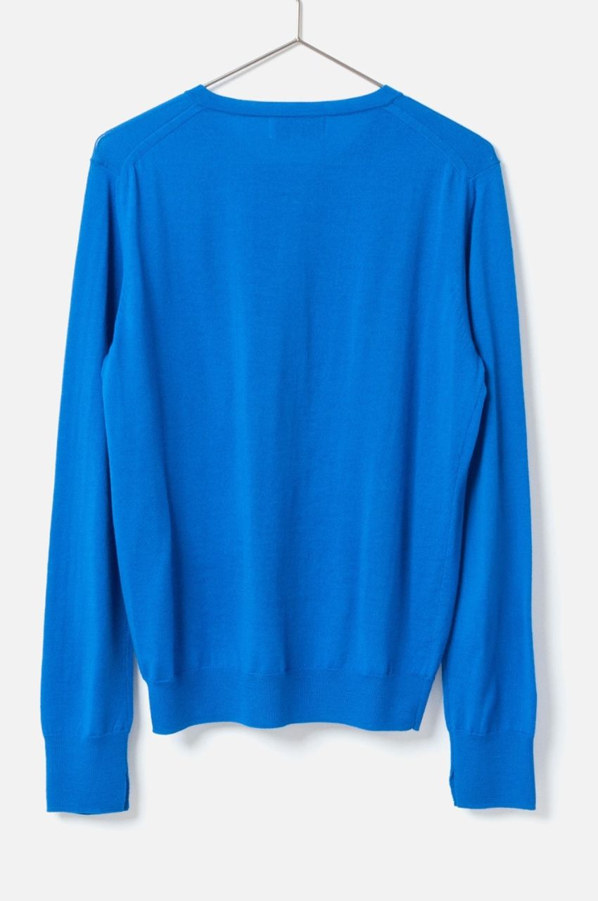 Crew Neck Knit Cardigan (ブルー) 毛 / ボタン /  コンパクトサイズ / ラウンドネック / FN242-13451
