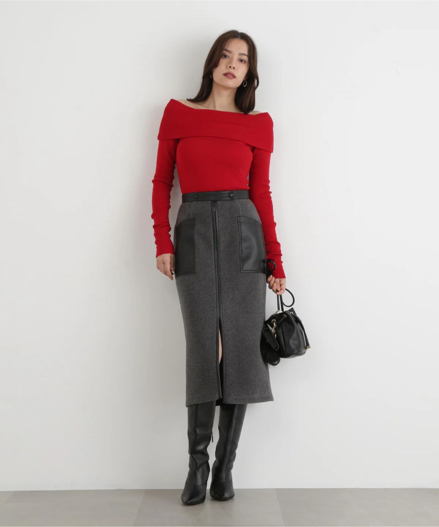 ウールレットジップスカート(ミディアムグレー)ポリエステル100% / 裏地なし / 前スリット / 0315220106