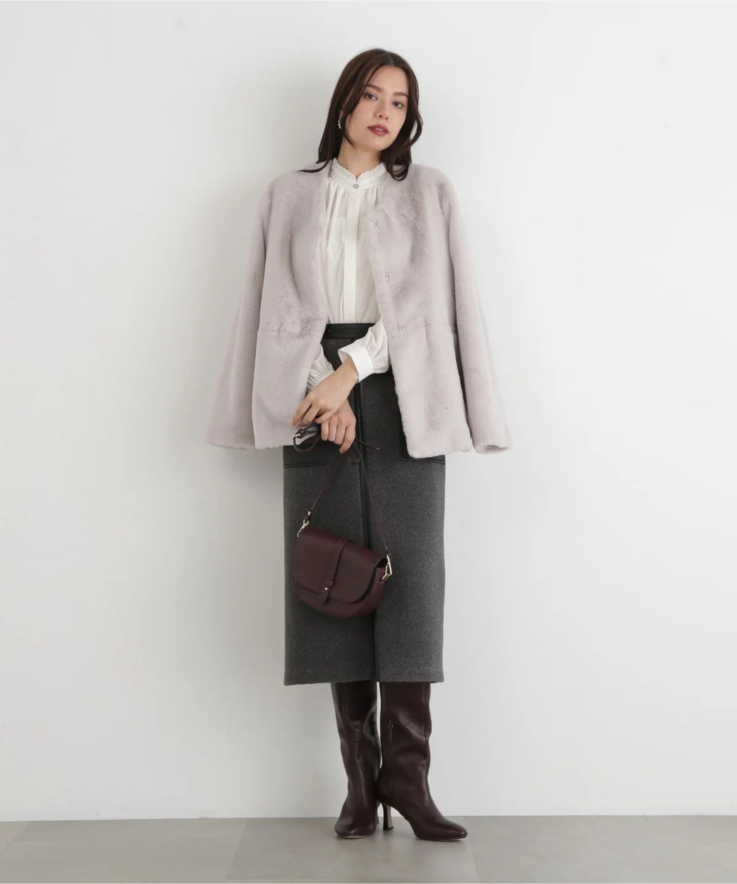 ウールレットジップスカート(ミディアムグレー)ポリエステル100% / 裏地なし / 前スリット / 0315220106