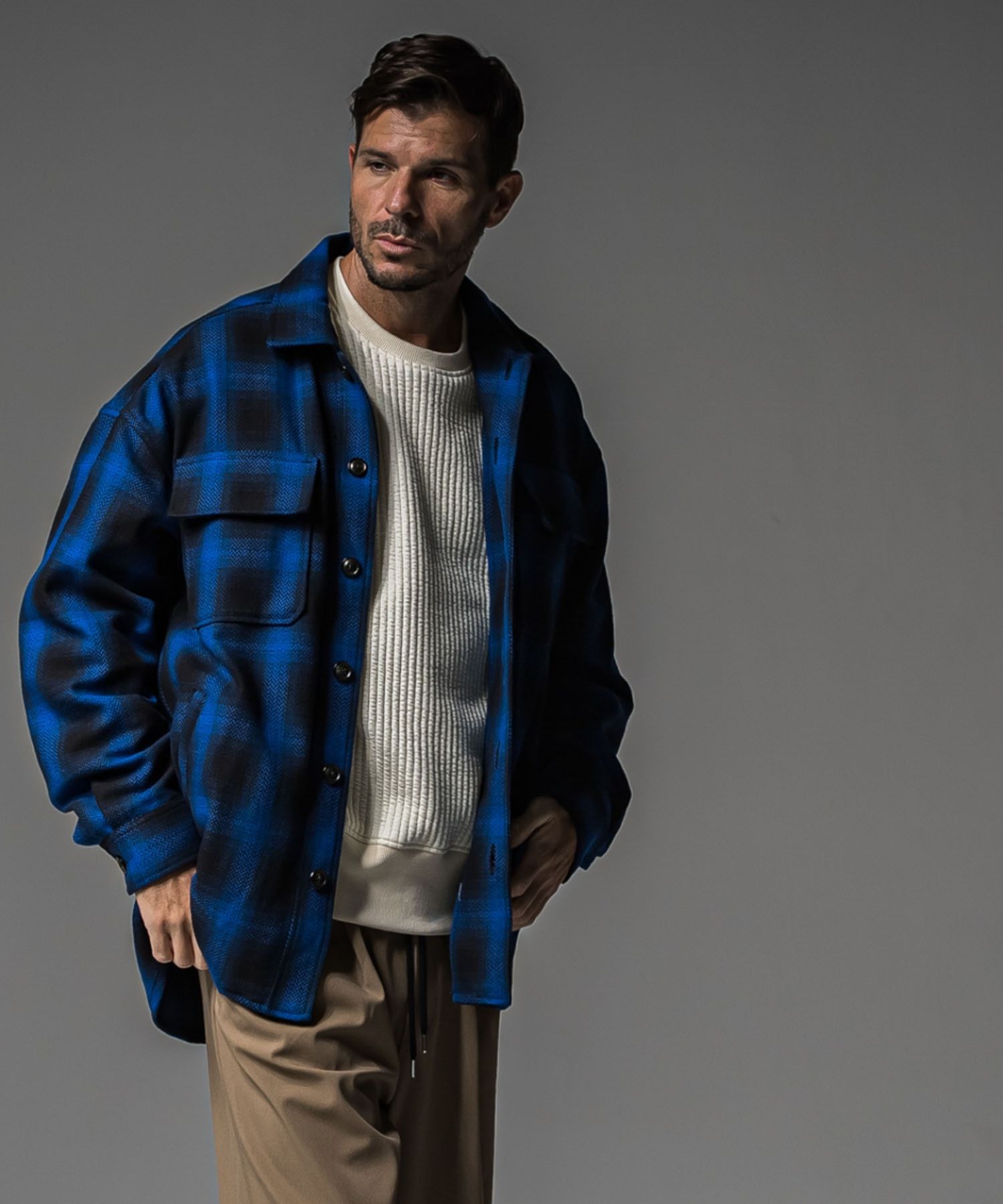 CHECK CPO SHIRTS JK (BLUE CHECK ) COTTON /オーバーサイス/  ドロップショルダー / フラップポケット / 手洗可 /  RC37-JK-004