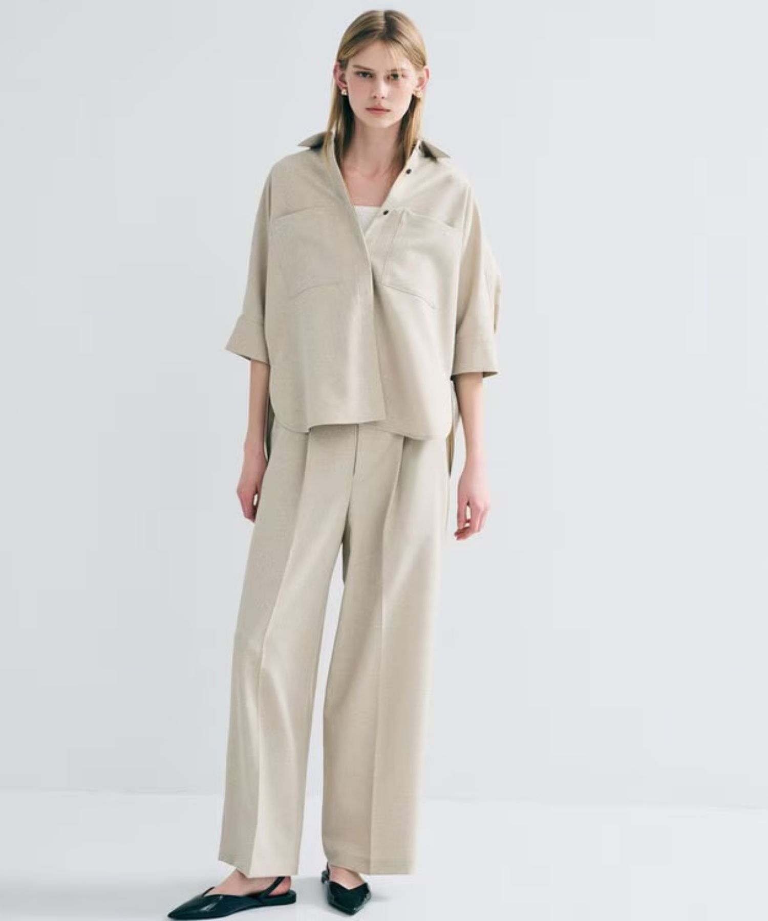 ウォッシャブルドライサップワイドパンツ(シャンブレーベージュ) ポリエステル / サスペンダー付き / ハイウエスト / センタープレス / バックスタイルゴム / PRUVLM0401