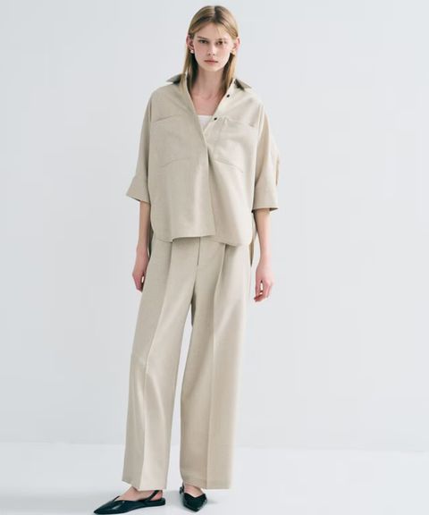 ウォッシャブルドライサップワイドパンツ(シャンブレーベージュ) ポリエステル / サスペンダー付き / ハイウエスト / センタープレス / バックスタイルゴム / PRUVLM0401