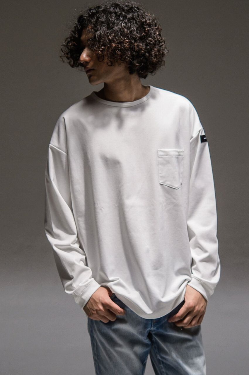 Double LOOSE pocket LONG TEE WHITE / シルキータッチ ロングスリーブルーズTシャツ