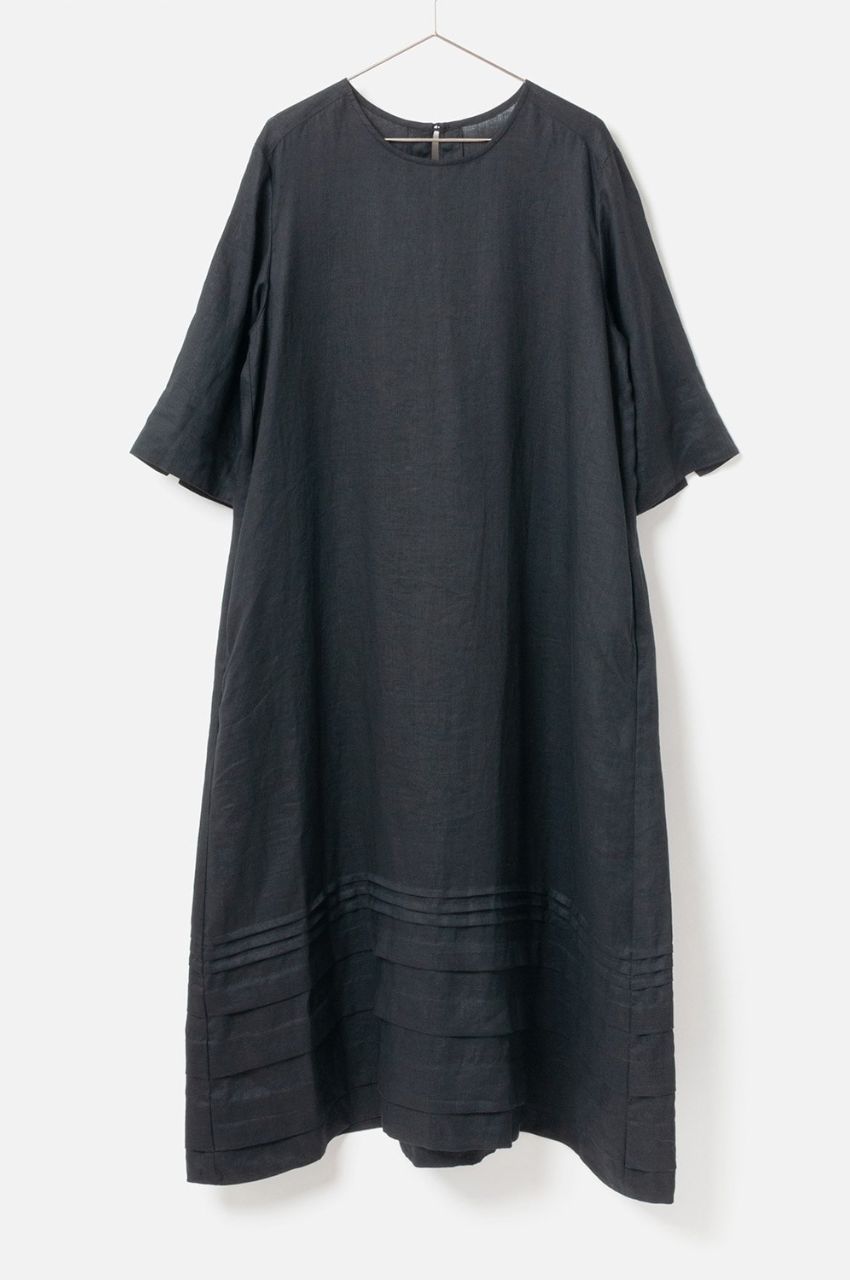 Linen Long Dress (チャコールグレー) 麻 / Aライン / 7分袖 / 手洗い可 / FO251-01011