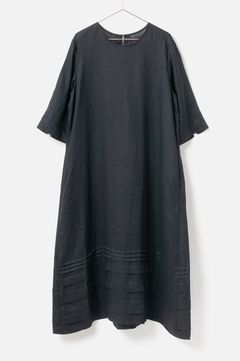 Linen Long Dress (チャコールグレー) 麻 / Aライン / 7分袖 / 手洗い可 / FO251-01011