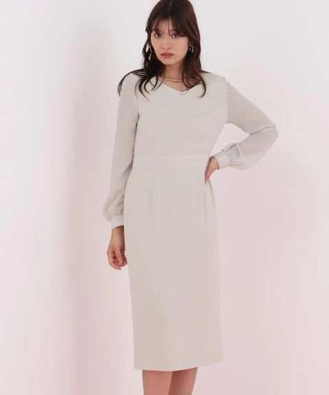 ダイヤモンドネックコンビワンピース(ベージュ)アセテート / ストレッチなし / 身頃裏付き / 後ファスナー / 後ろベンツあり / 膝が隠れる丈 / 0316140112