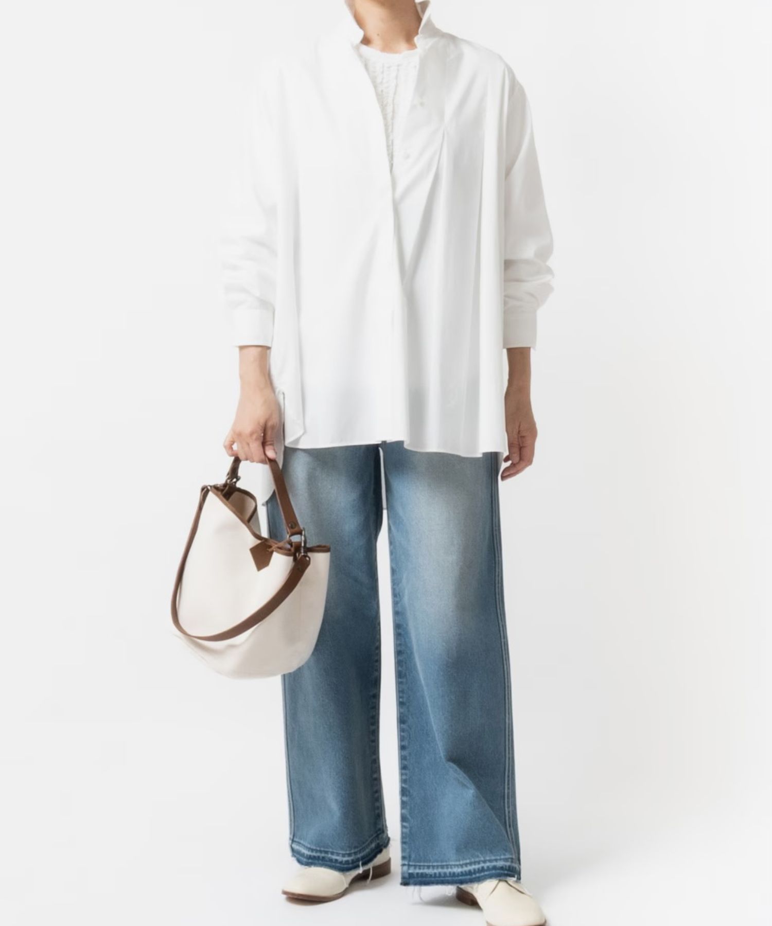 Pleated Shirt (オフホワイト()  セルロース /  ステンカラー/ タック / 吸湿速乾性 / 手洗可 / FS262-03007