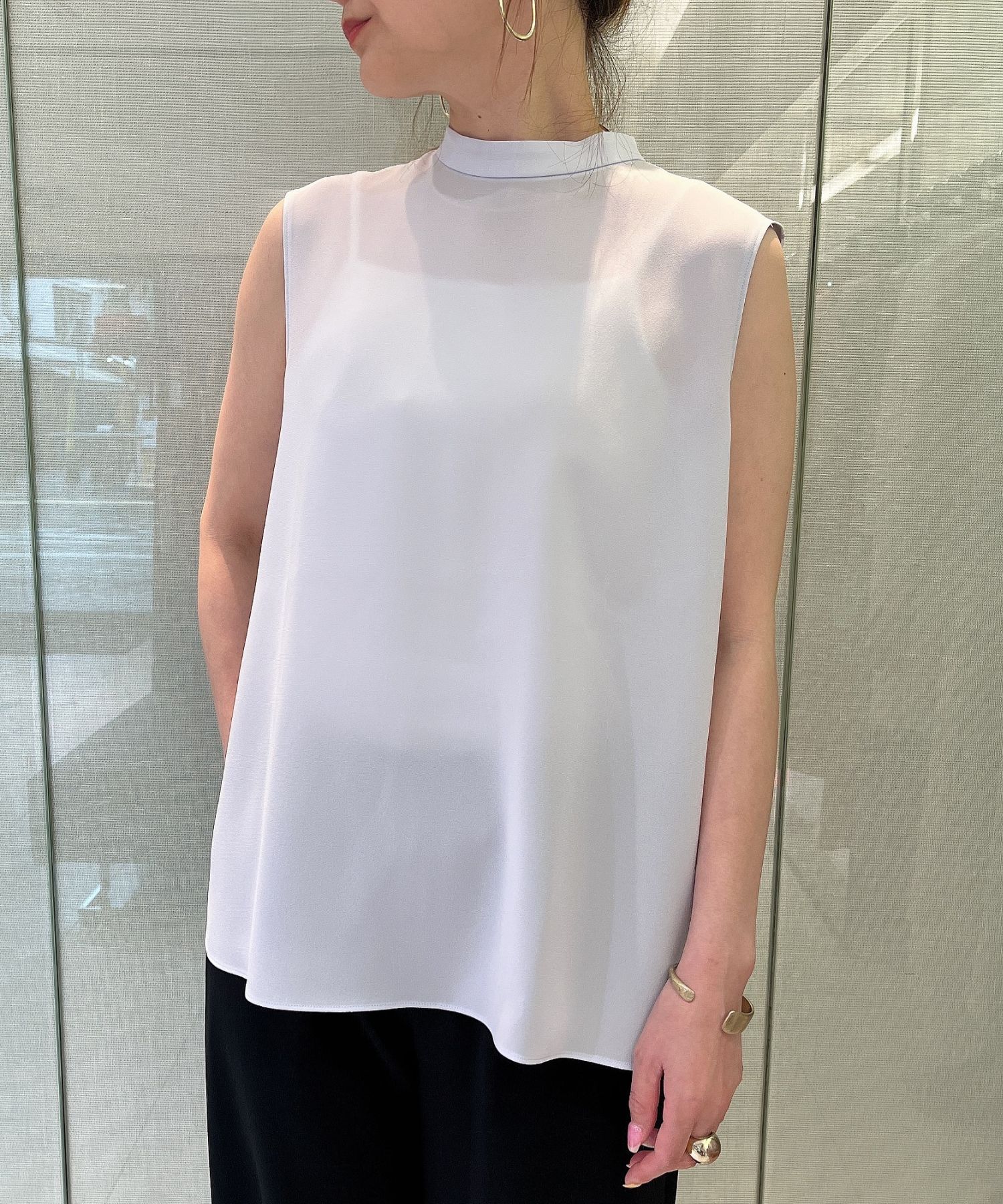 Satin Crepe Stand Collar Top(ミスト) / トリアセテート / ウォッシャブル / 01-5208206