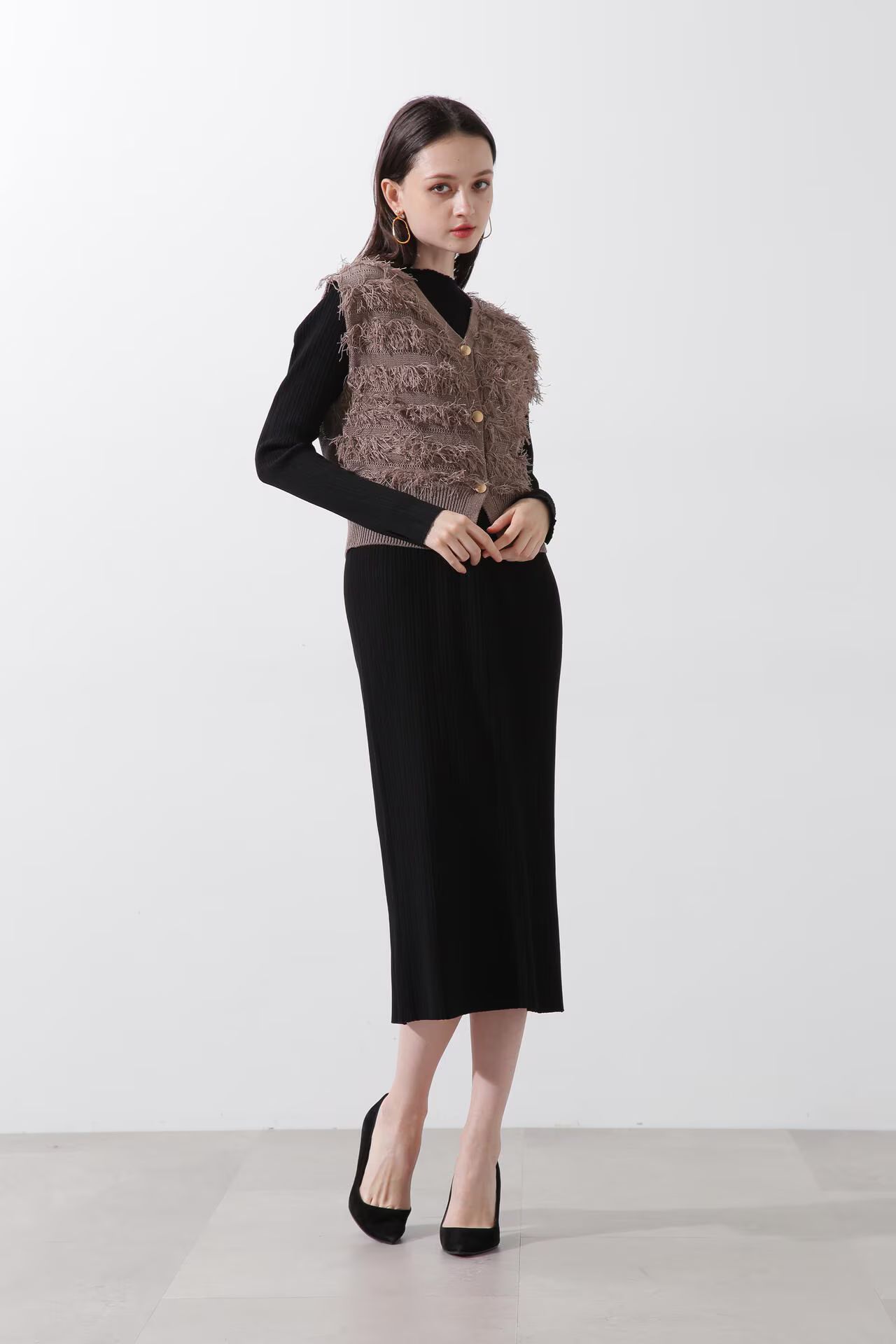 レイヤードニットワンピース (ベージュ) / ワンピースとジレのセット販売 / ストレッチ / ウォッシャブル / 0315147212