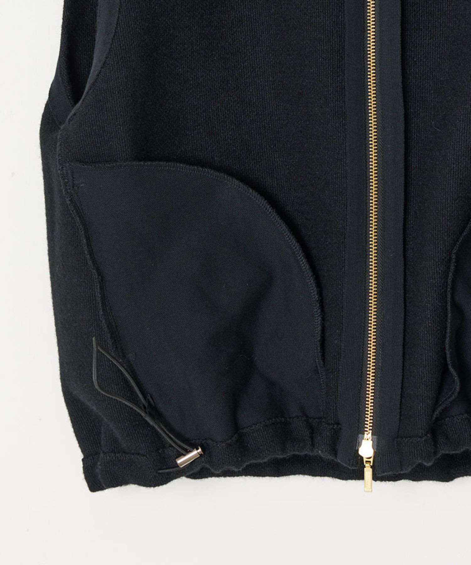 WOOL SILK BLENDED LIGHT ZIP VEST (BLACK) 綿 / サイドポケット / ダブルZIP / 裾ドローコード / ADWS-501-22