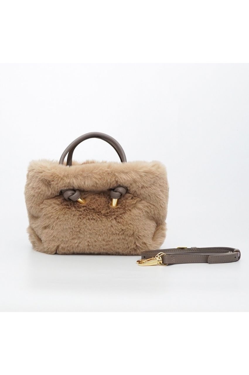 ELMO / エルモ (Sand beige × Taupe) / レッキスラビットエコファー2WAYトート / ポリエステル / 牛床革 (Italian leather) / V-8763