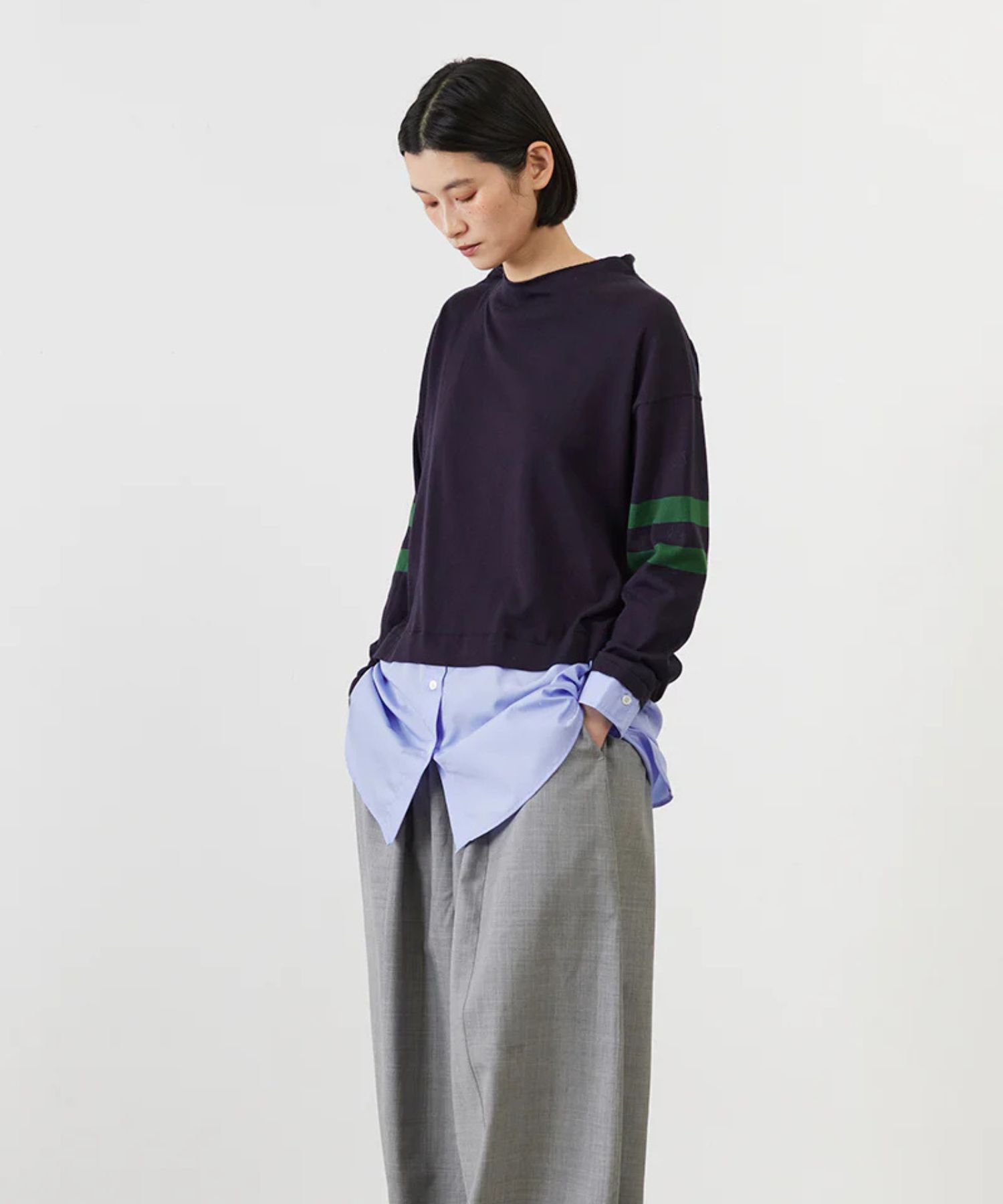 SEAISLAND COTTON LAYERED TUNIC (MIDNIGHT) 綿 / 袖ライン / 柔らかい / シャツドッキングデザイン / ADWS-501-17