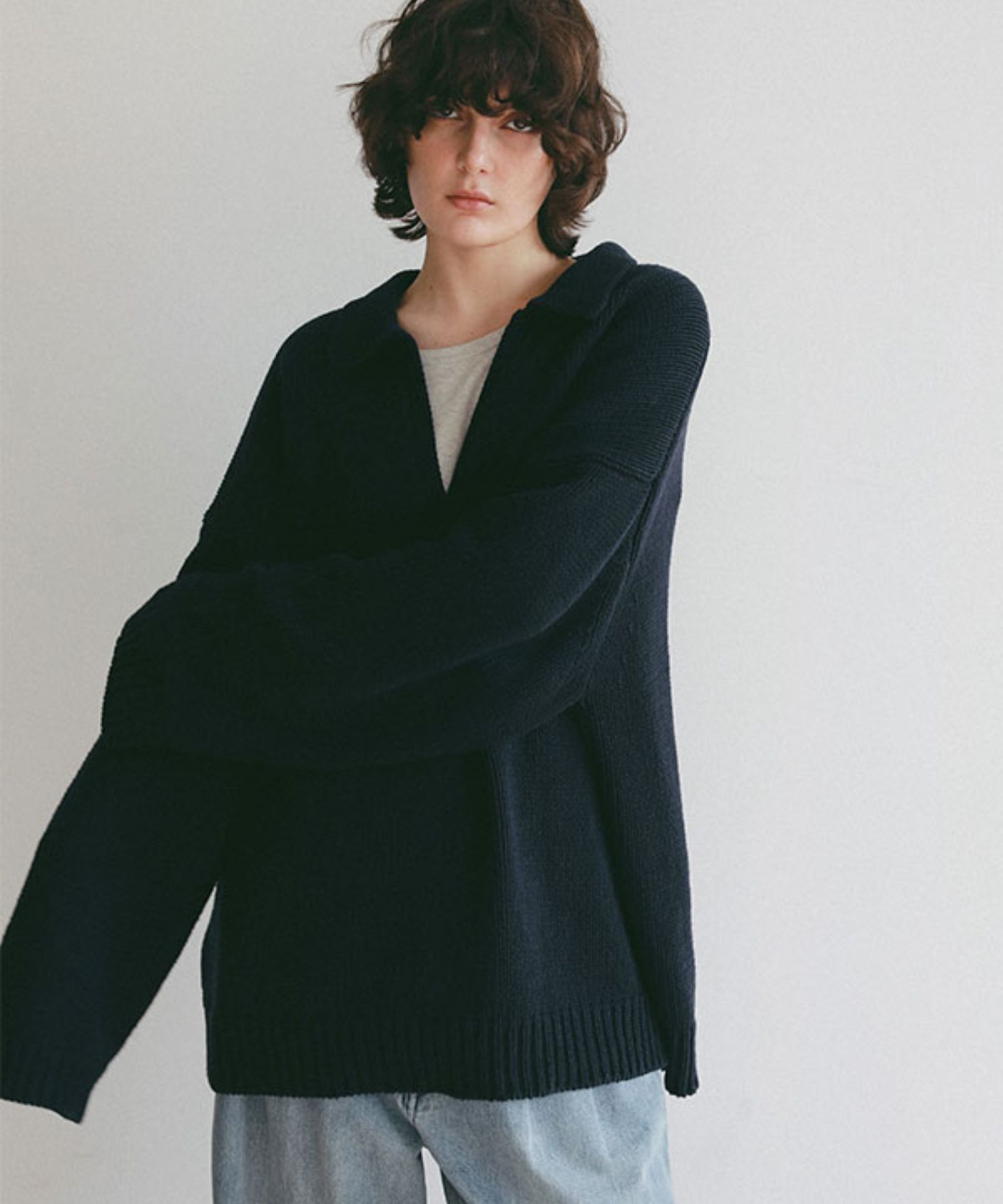 オーバーサイズスキッパーニットプルオーバー (NAVY) 綿 / ドライタッチ / 袖口と裾リブ / 柔らかい / 1226111045