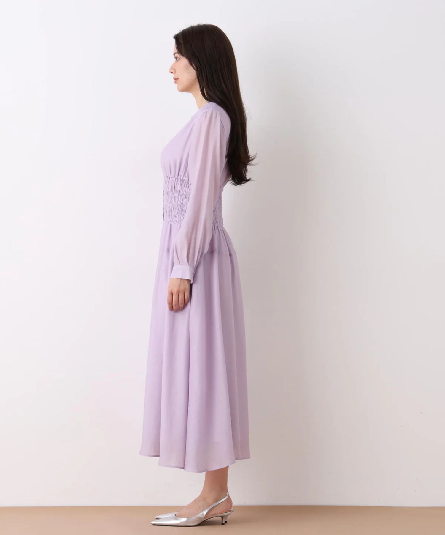 ウエストシャーリングロングワンピース(ラベンダー)再生繊維 / ストレッチ性無し / 身頃のみ裏地付き / 前スリットあり / あきなしでかぶり着用 / 0316140207