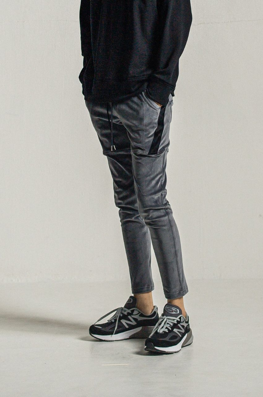 velours TYLER PANTS (CHACOAL) ポリエステル / ストレッチ / エコレザーサイドライン / スラッシポケット / RC34-ST-026BH