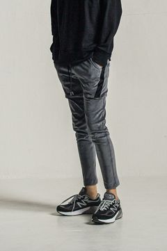 velours TYLER PANTS (CHACOAL) ポリエステル / ストレッチ / エコレザーサイドライン / スラッシポケット / RC34-ST-026BH