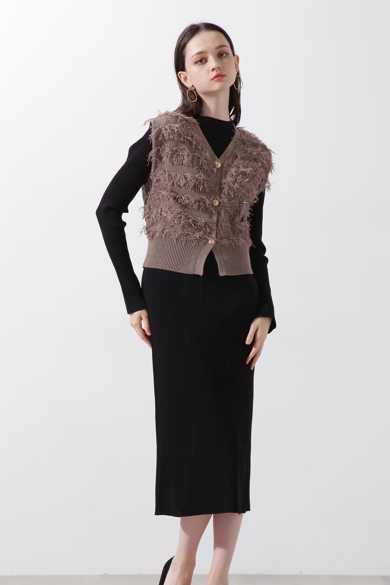 レイヤードニットワンピース (ベージュ) / ワンピースとジレのセット販売 / ストレッチ / ウォッシャブル / 0315147212