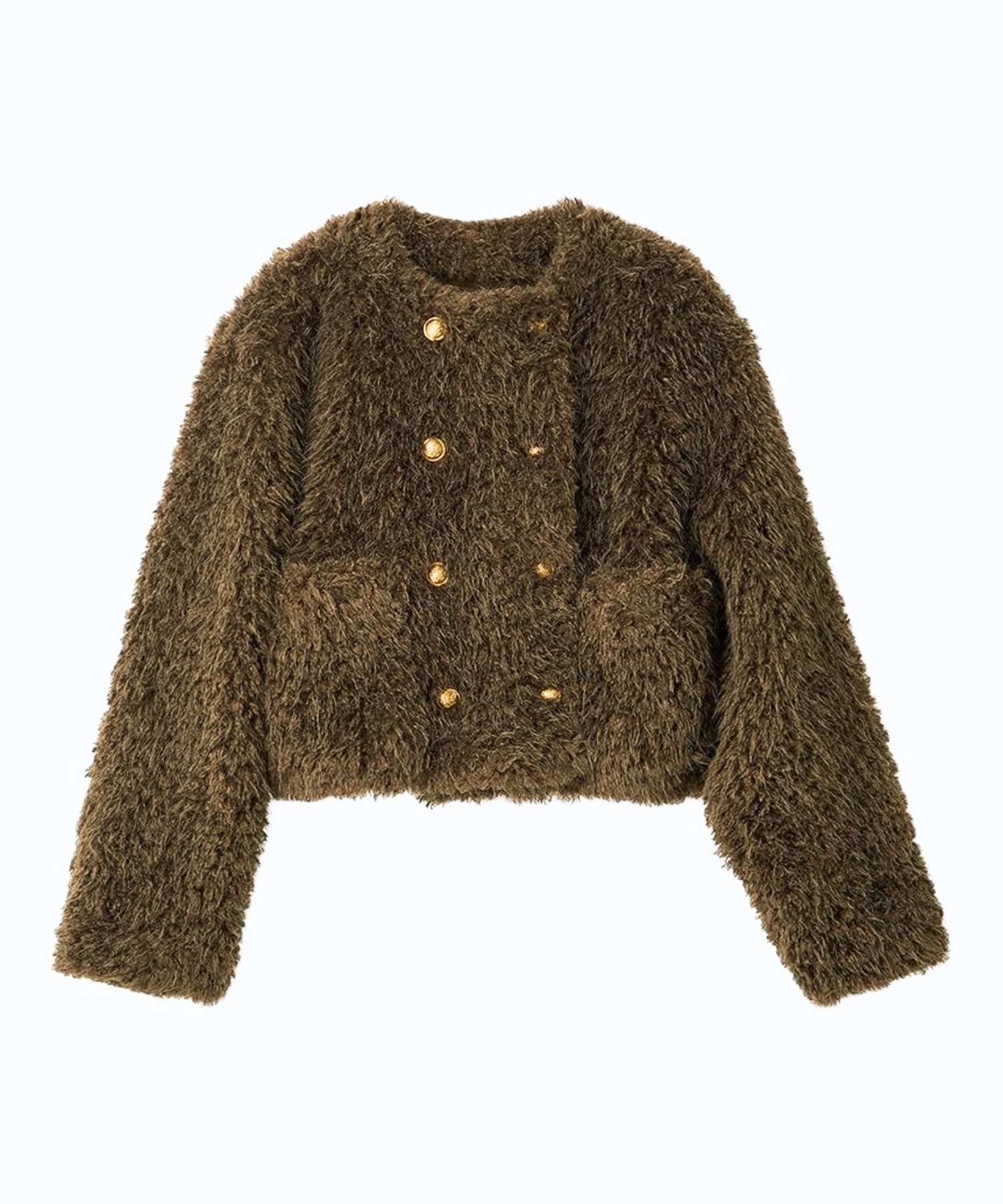 金釦フェイクファー短丈ジャケット (GRY) ポリエステル / ランダムファー / 短丈 / ノーカラー / 09WFJ255005