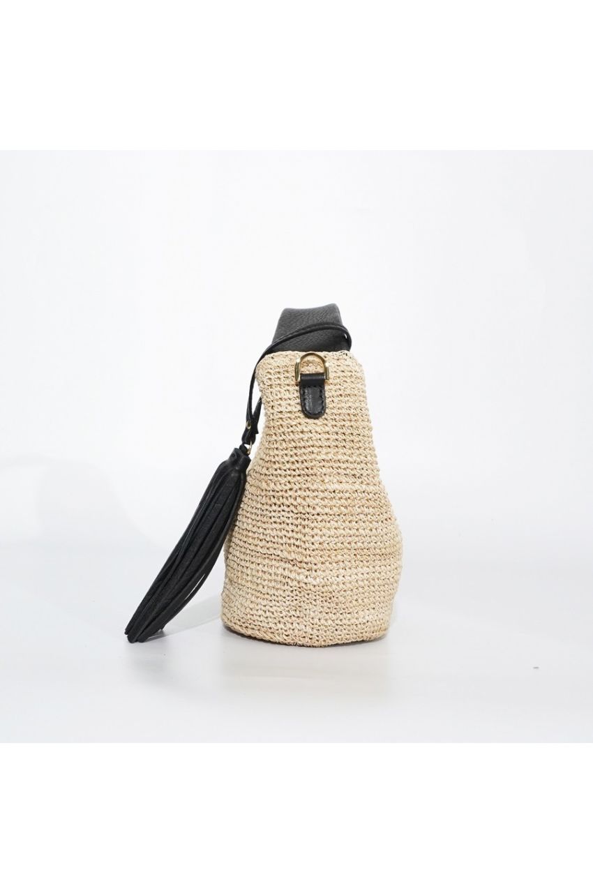 SANDRO / V-8477 / Natural × Black（Black） アバカ / 牛革 / ワンショルダーバッグ（ナチュラル / ブラック）サンドロ / マグネット開閉 / ファスナーポケット有り / カゴバッグ【正規販売店】