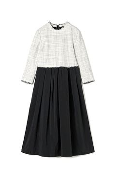 ロングスラブツイード マテリアルコンビワンピース(ホワイト系) コットン / フリンジディテール / ロング丈