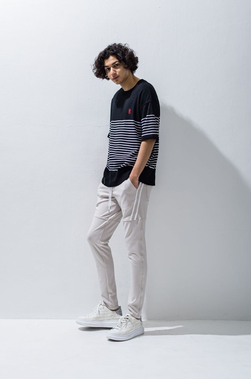 オーバーサイズ コットンニットボーダーTシャツ / クルーネック / マリンボーダー