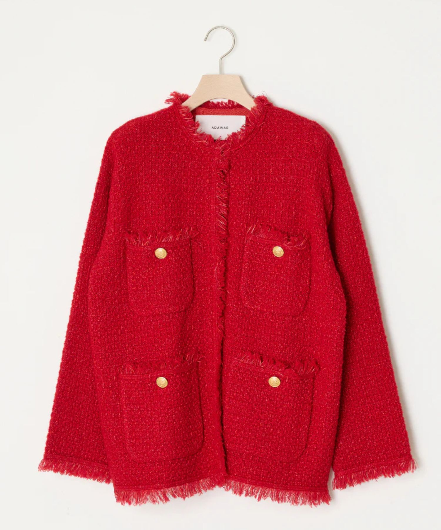 TWEED KNIT JACKET (RED ) ポリエステル / 異素材MIX / ノーカラー / 金釦 /ADWS-501-29