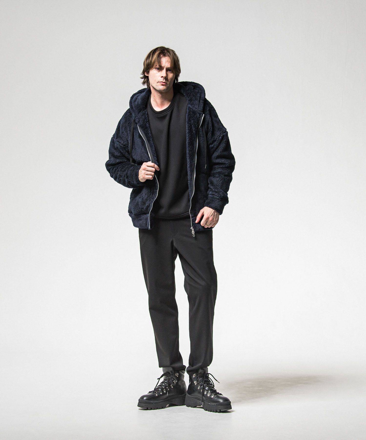 BOA zip loose hoodie (NAVY) ポリエステル / サイドパッチポケット / オーバーサイズ /ドロップショルダー / 軽量 /   RC38-C-007