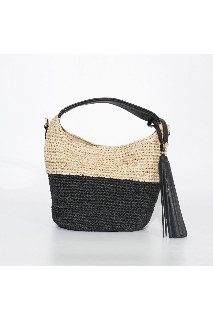 SANDRO / V-8477 / Natural × Black（Black） アバカ / 牛革 / ワンショルダーバッグ（ナチュラル / ブラック）サンドロ / マグネット開閉 / ファスナーポケット有り / カゴバッグ【正規販売店】