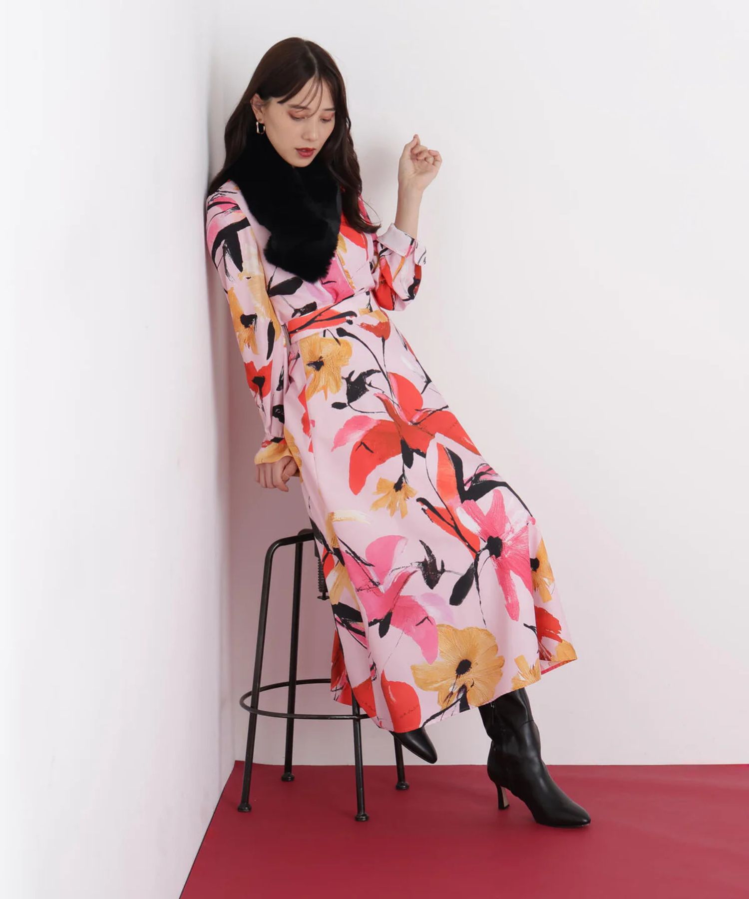 フラワープリントタフタフレアースカート(ピンク系)ポリエステル / ストレッチ無し / 裏地あり / くるぶしくらいの丈 / 脇ファスナーあき / 0316120120