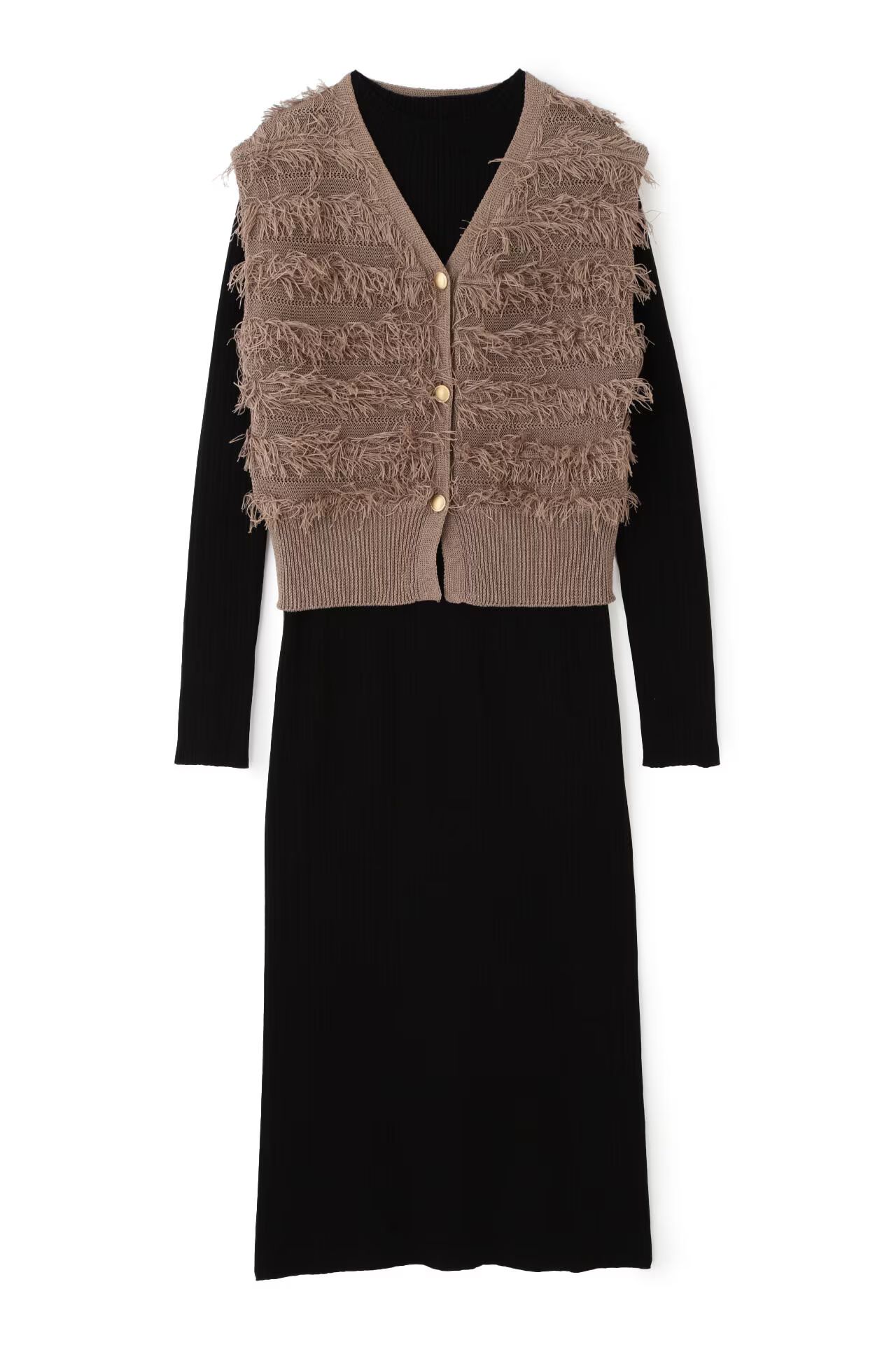 レイヤードニットワンピース (ベージュ) / ワンピースとジレのセット販売 / ストレッチ / ウォッシャブル / 0315147212