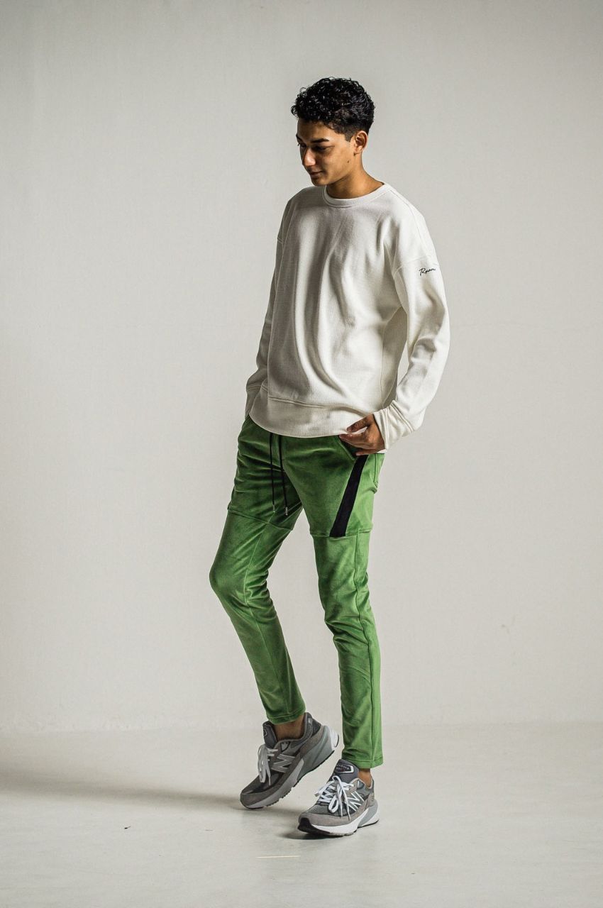 velours TYLER PANTS (GREEN) ポリエステル / ストレッチ / エコレザーサイドライン / スラッシポケット / RC34-ST-026BH