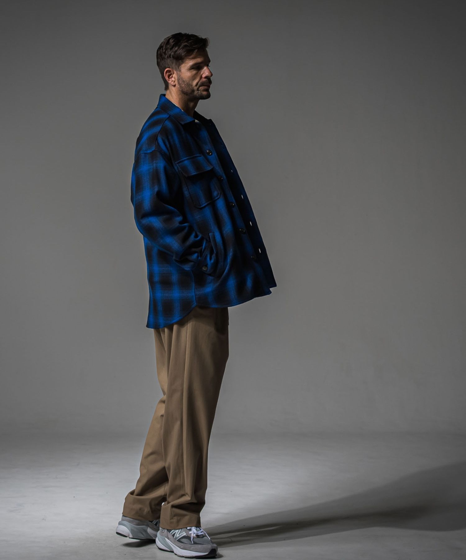 CHECK CPO SHIRTS JK (BLUE CHECK ) COTTON /オーバーサイス/  ドロップショルダー / フラップポケット / 手洗可 /  RC37-JK-004