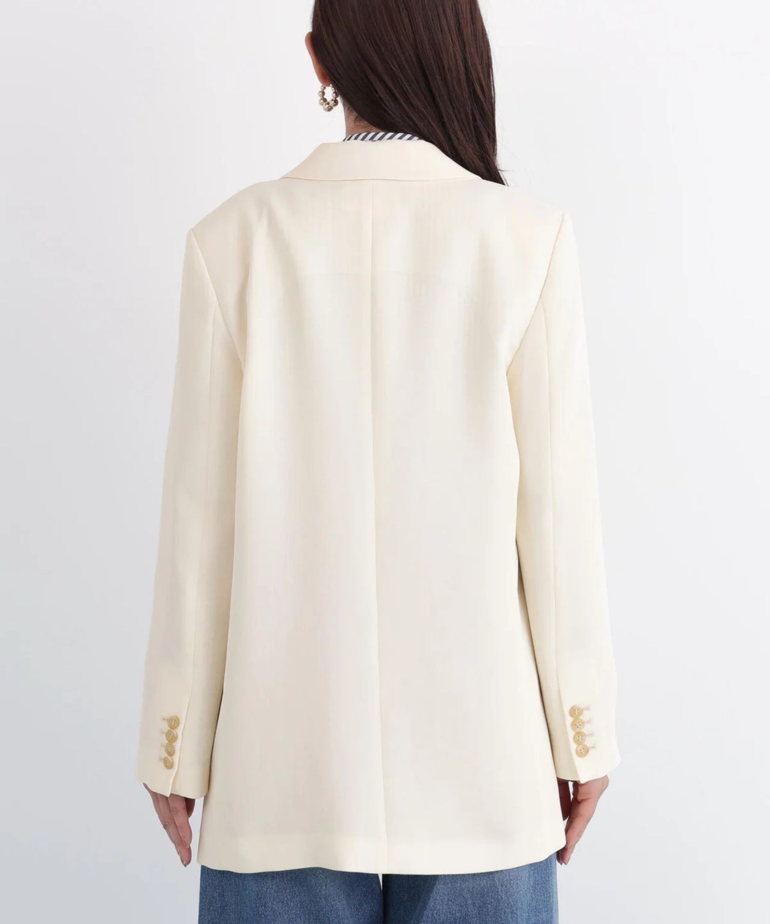 ストライプスリーブジャケット(エクリュ) ポリエステル / ストレッチ無し / 総裏 / ポケット×3/ 前あきは止めなし / 肩パットあり / 袖口は本あき / 0316150104