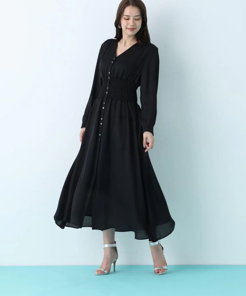 ウエストシャーリングロングワンピース(ブラック)再生繊維 / ストレッチ性無し / 身頃のみ裏地付き / 前スリットあり / あきなしでかぶり着用 / 0316140207