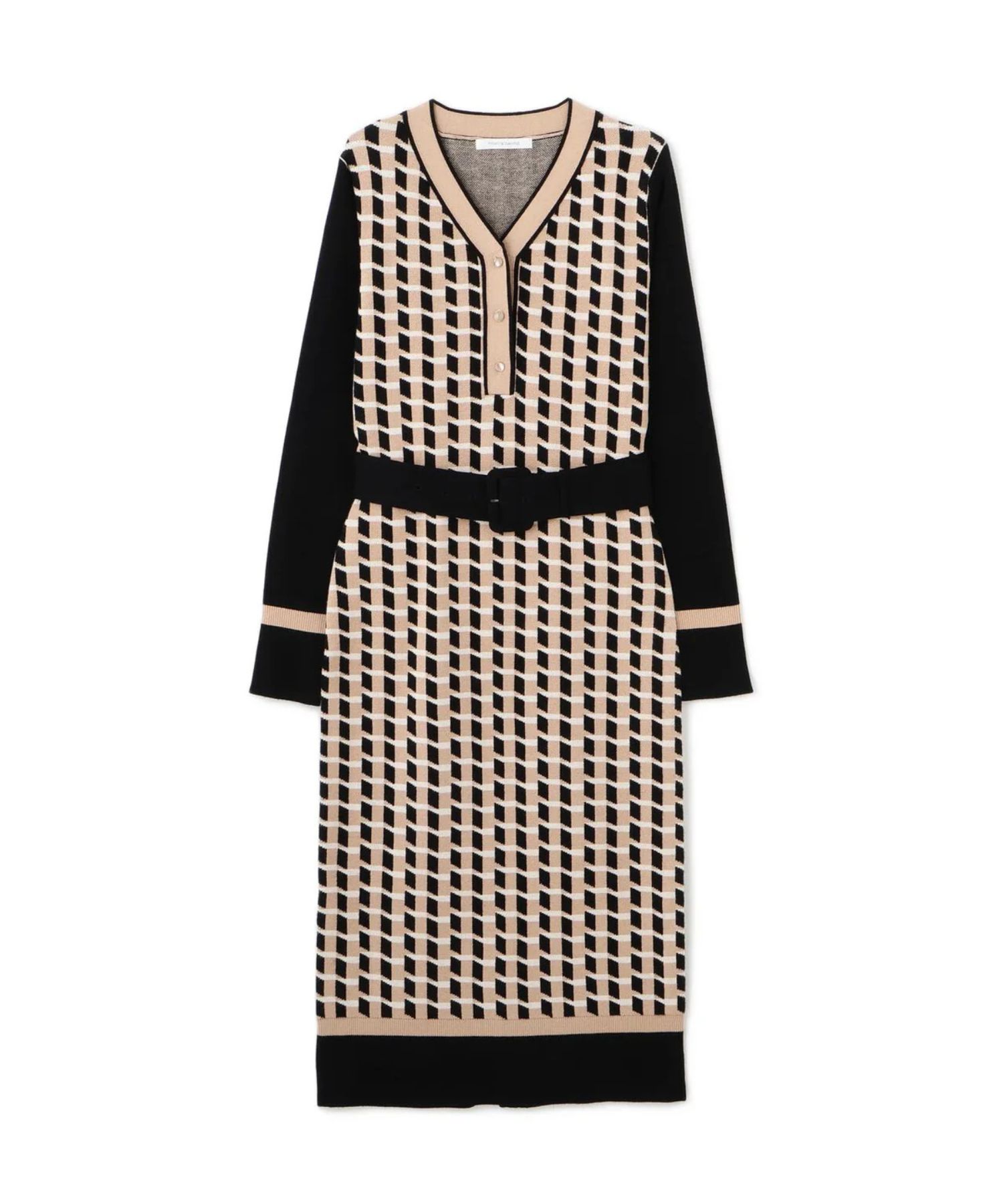 ジオメトリックジャガードニットワンピース(ベージュ)レーヨン / 裏地無し / 袖釦あり / 前ベンツ / ベルト付き / ストレッチあり / 0315247113