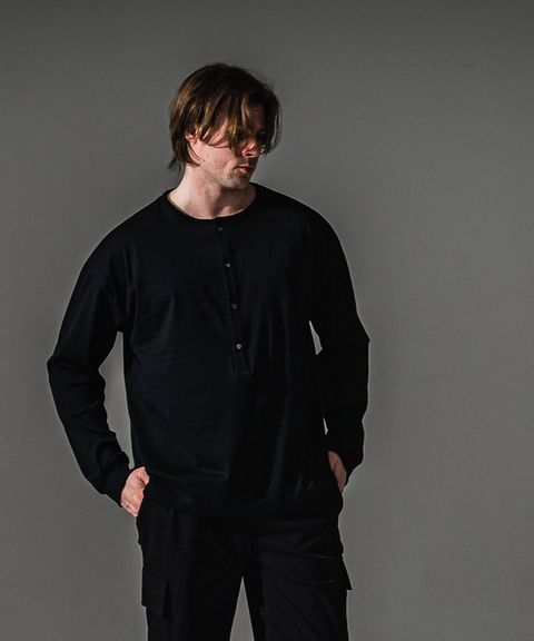 OVER HENRY LONGSLEAVE (BLACK) コットン / 4つボタン / 柔らかい / 手洗可 / RC41-T-004