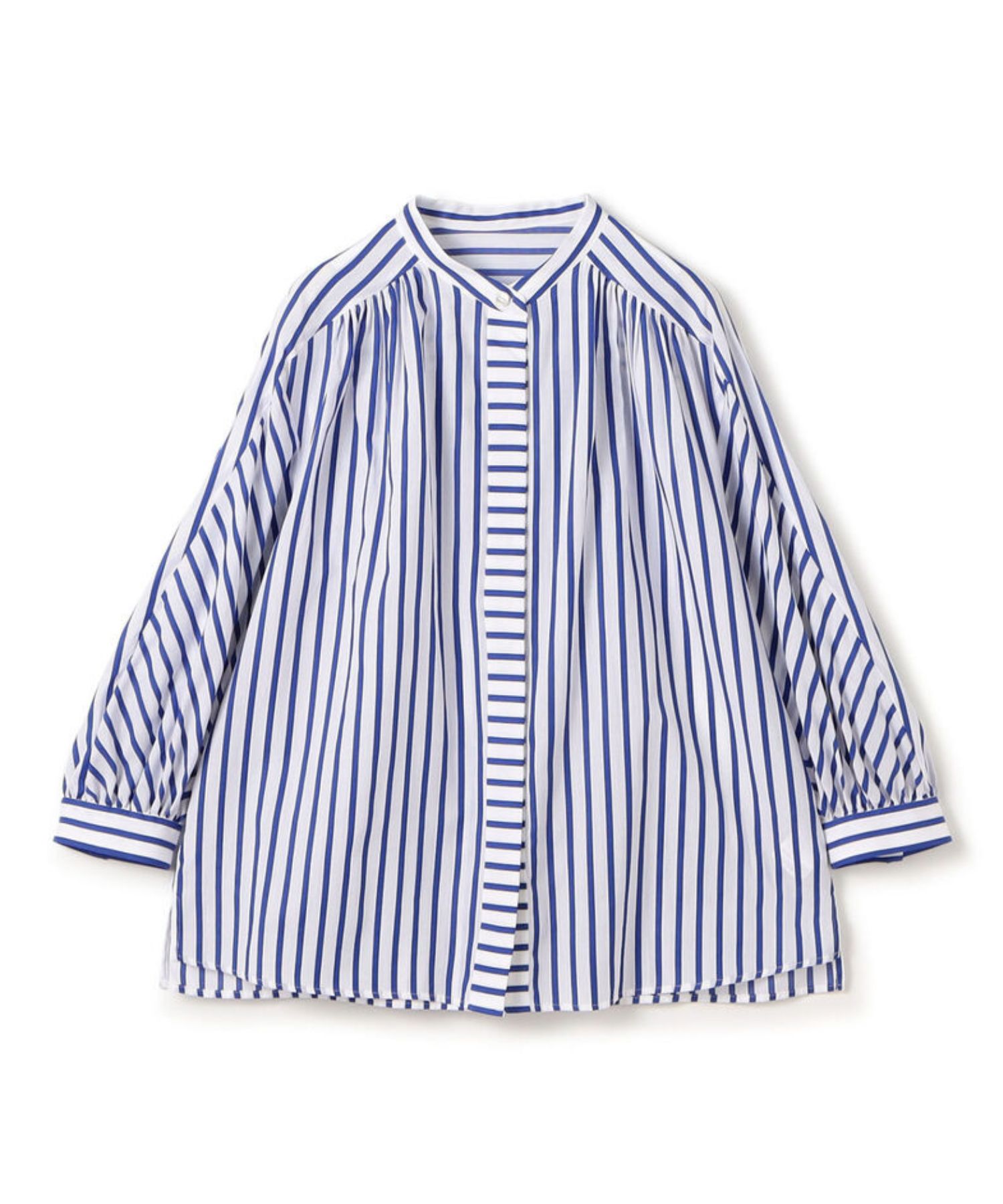 トラックストライプ ギャザーブラウス(ブルー系) コットン / やや薄手/ 透け感有り / 手洗可 / 13-01-61-01008