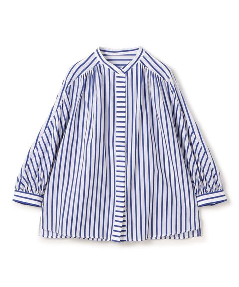 トラックストライプ ギャザーブラウス(ブルー系) コットン / やや薄手/ 透け感有り / 手洗可 / 13-01-61-01008