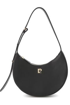 【pierre cardin】ムーンバッグ (ブラック) 本革 / ロゴプレート / ハンドルの調節も可能