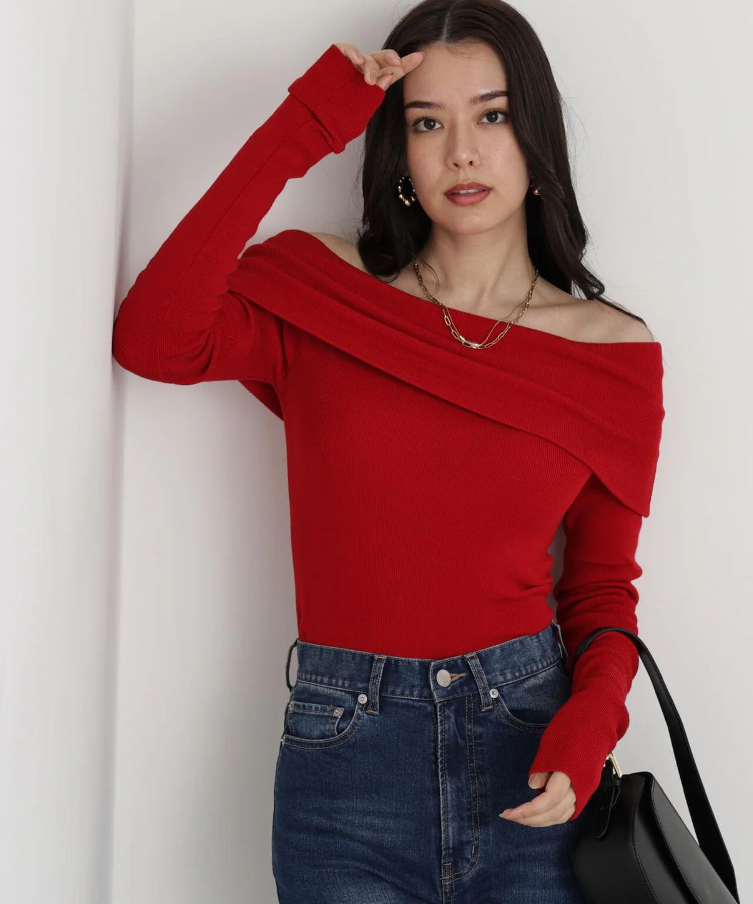 オフショルダー2WAYニットプルオーバー(レッド)ポリエステル / ウォッシャブル / 手洗い可 / かぶって着用 / 裏なし / ストレッチあり/ 0315270114