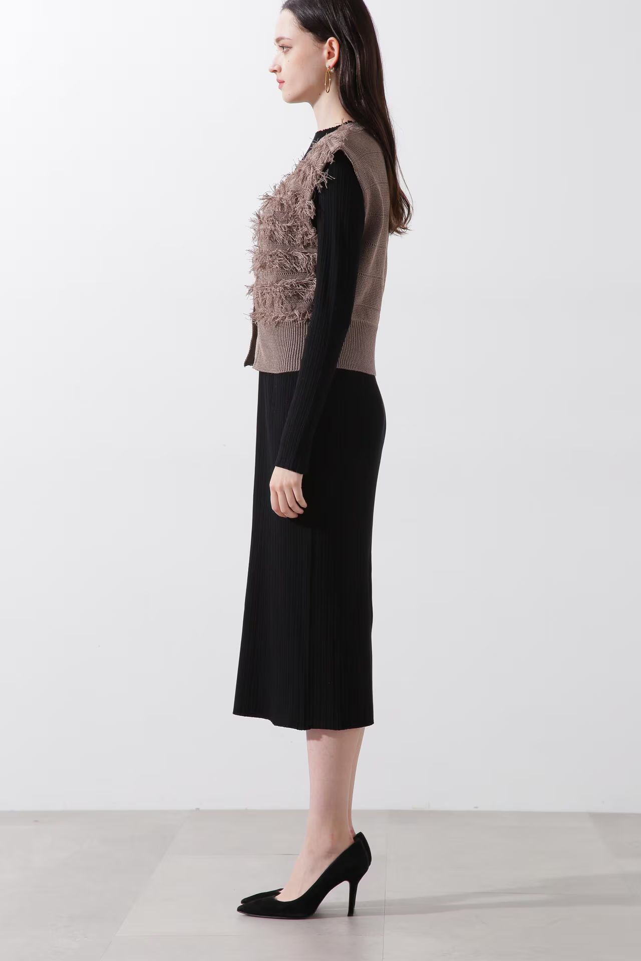 レイヤードニットワンピース (ベージュ) / ワンピースとジレのセット販売 / ストレッチ / ウォッシャブル / 0315147212