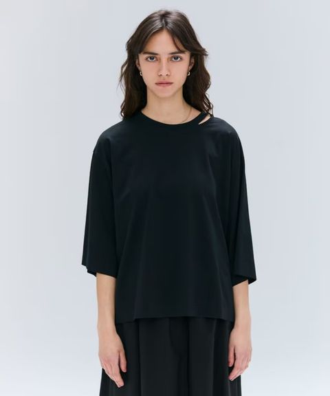S.BABILA / スリットネックオーバーサイズTシャツ (Black) 綿 / 柔らかい / ネックスリット / 手洗可 / KKCWGA0101