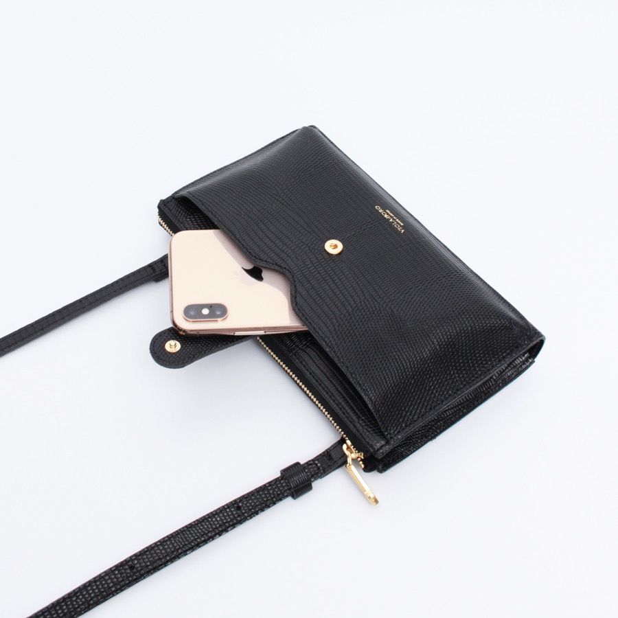 【ADRIA / アドリア】V-1326（Purple / パープル）リザード型押しレザー 横型スマートフォンポシェット / 牛革 / iPhone Pro入るサイズ