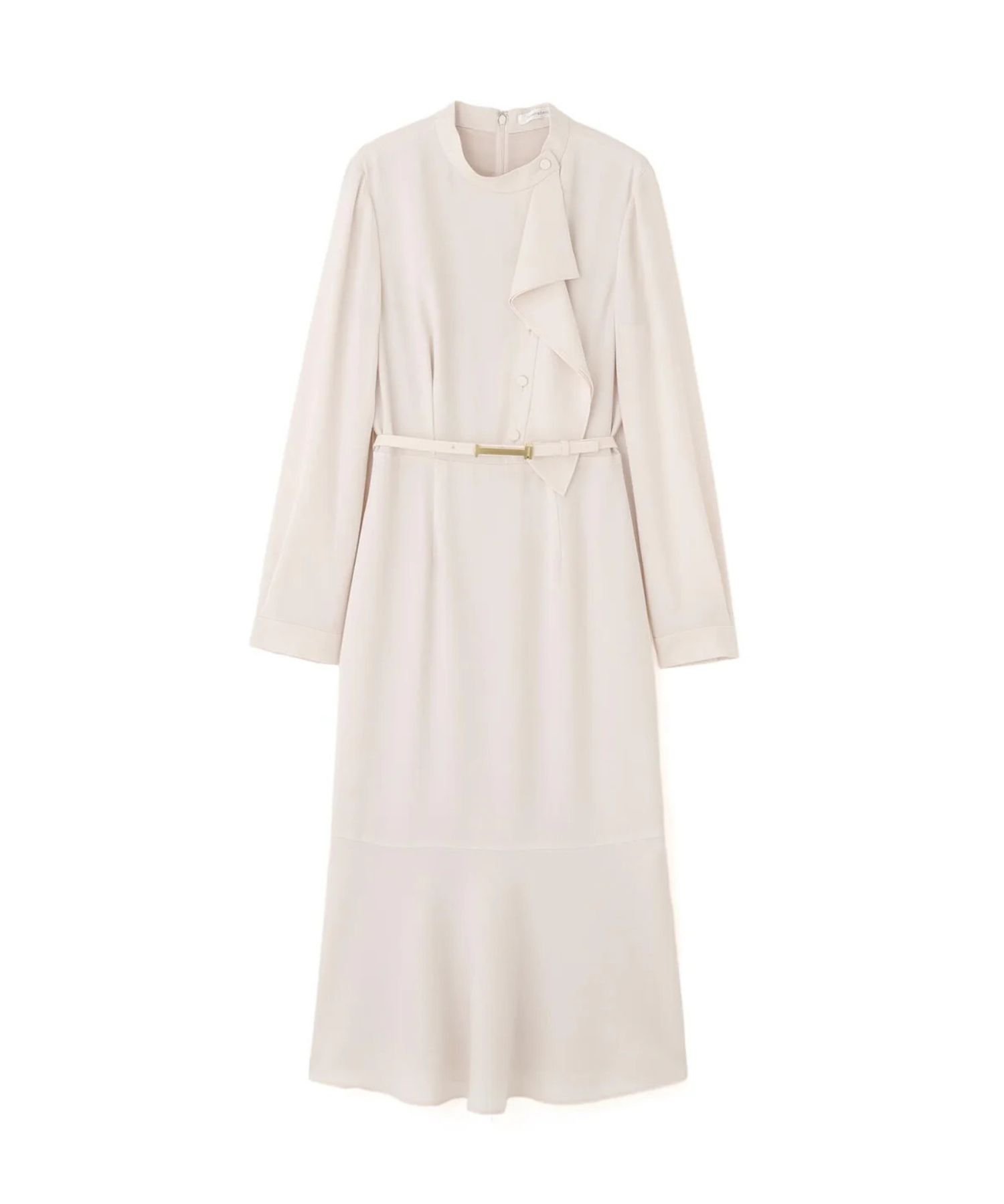 スタンドラッフルマーメイドワンピース(ベージュ)ストレッチ無し / 身頃、スカートに裏地付き / 後ファスナー / ふくらはぎ真ん中くらい丈 / 0316140129