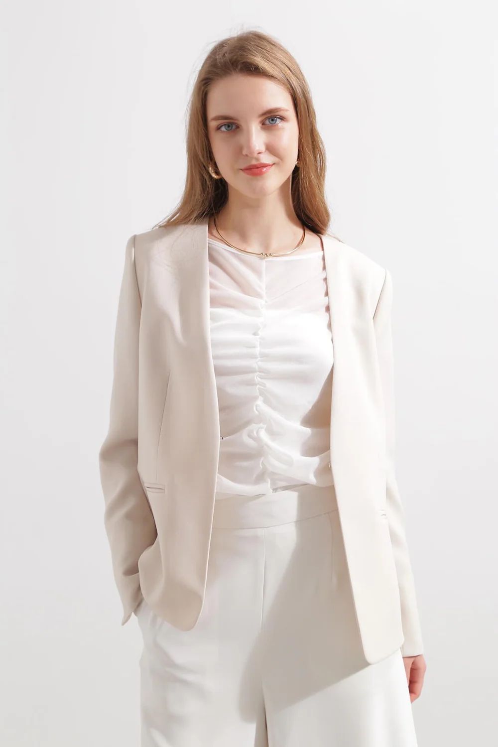 オックスノーカラージャケット (ベージュ) / ポリエステル・レーヨン / ストレッチ / 0315150316