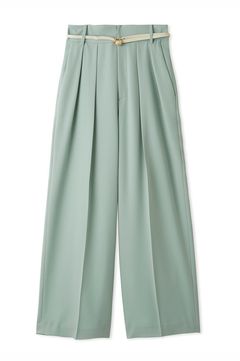 レザーベルテッドワイドストレートパンツ (ミント)ポリエステル  / 2タック / レザー調ベルト付き / ウエスト後ろゴム / マシンウォッシャブル / FWFP251072
