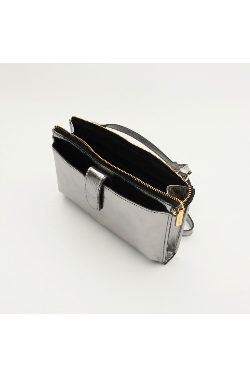 ADRIA（アドリア）V-1338（Silver）メタリックレザー 横型スマートフォンポシェット / 牛革 / iPhone14ProMax入る