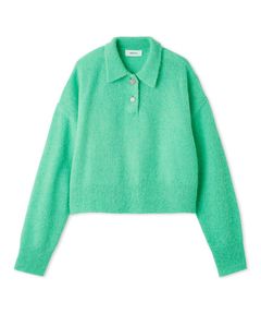 ビジュー釦クロップドポロニットプルオーバー (GRN) ウール /  ビジューボタン / ポロ衿 / ふんわり質感 / 09WNT255104