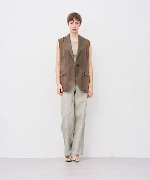 シアーオーガンジーテーラードジレ(カーキベージュ) ポリエステル / シングルジレ / VRUVGA0811