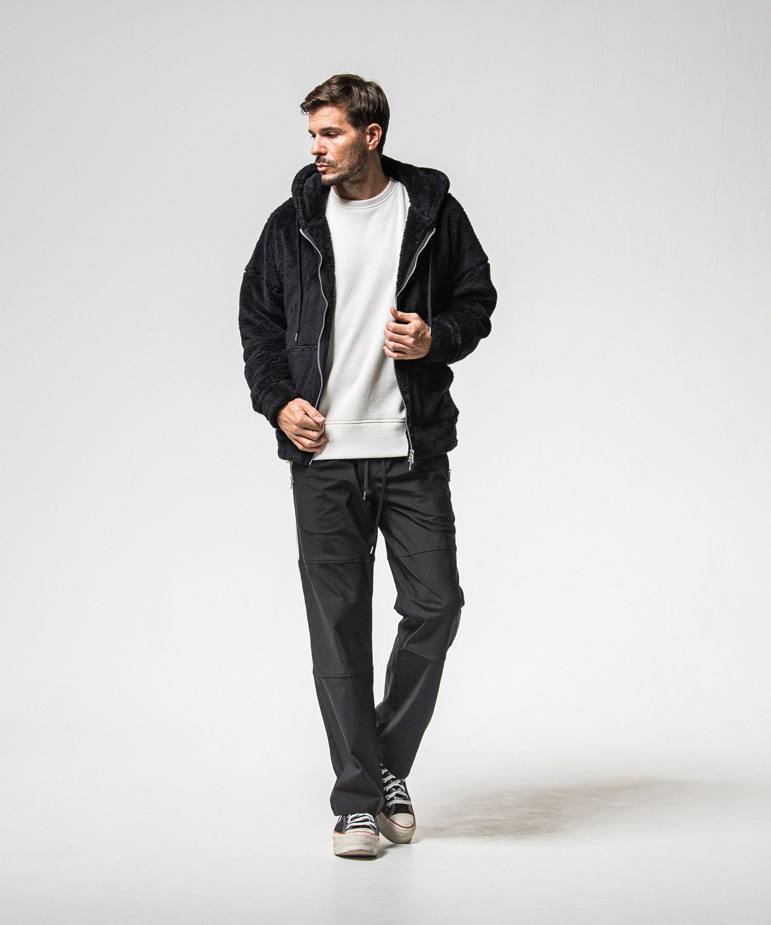 BOA zip loose hoodie (BLACK) ポリエステル / サイドパッチポケット / オーバーサイズ /ドロップショルダー / 軽量 /   RC38-C-007